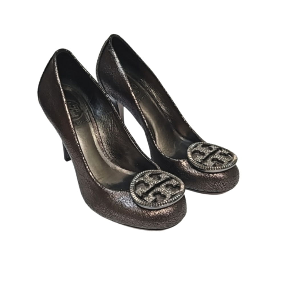 Tory Burch metallic gray pewter rhinestones logo embellish pumps women's size 6